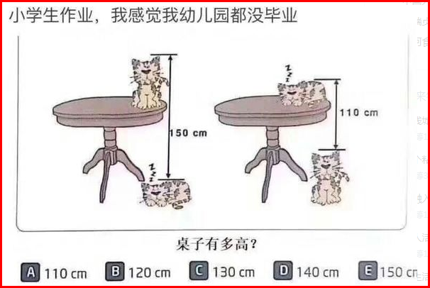 一只猫趴在地上和蹲在桌上是我150cm,蹲在地上和趴在桌上是110cm,请问桌子有多高