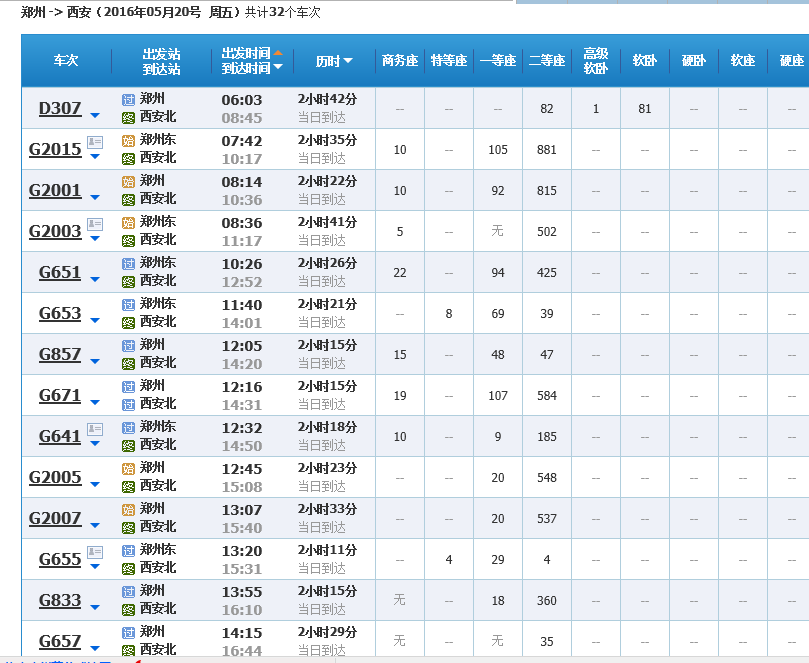 郑州到西安高铁表