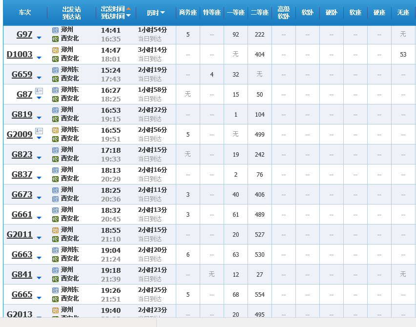 郑州到西安高铁表