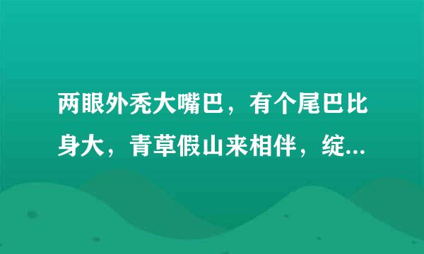 两眼外秃大嘴巴，有个尾巴比身大，青草假山来相伴，绽放朵朵大红花。《打一动物》