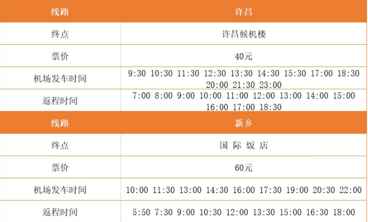 郑州新郑机场的机场大巴的时刻表