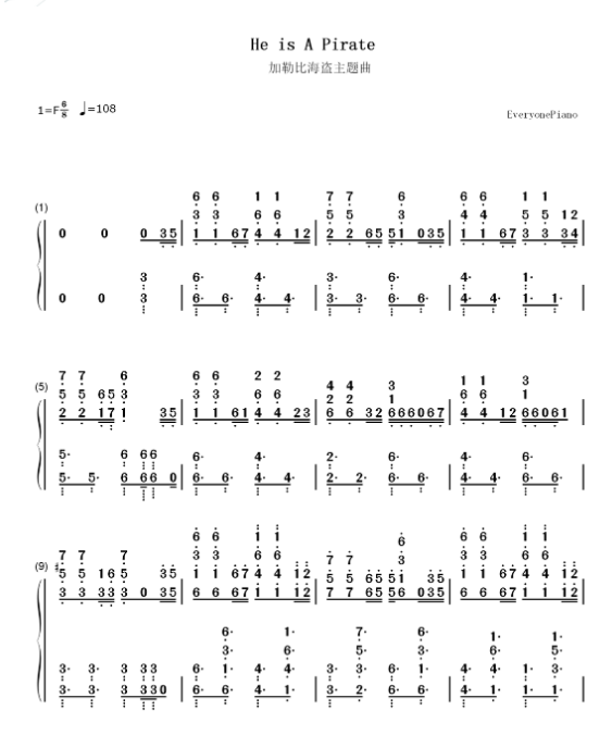 加勒比海盗数字钢琴谱