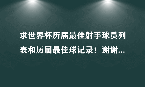 求世界杯历届最佳射手球员列表和历届最佳球记录！谢谢！！！！